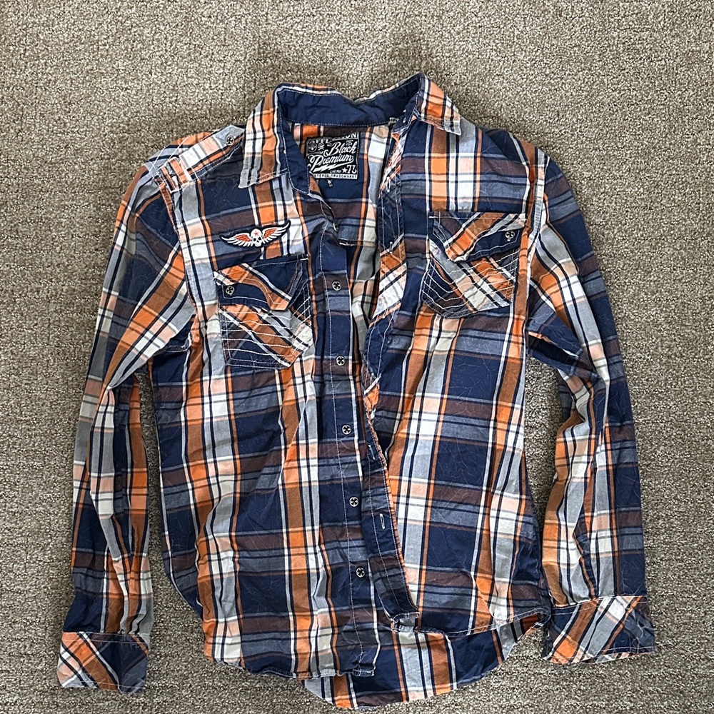 Affliction Blue and Orange Plaid Shirt